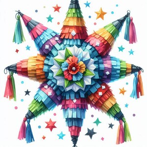 Puede incluir: Una colorida piñata con forma de estrella con borlas que cuelgan de cada punta. La piñata está decorada con una variedad de colores, incluyendo rojo, naranja, amarillo, verde, azul y morado. La piñata está rodeada de pequeñas estrellas.