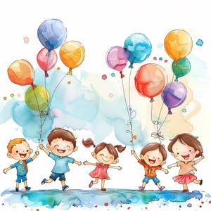32 imagens de crianças brincando de aquarela PNG clipart
