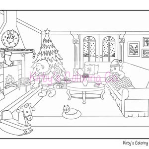 May include: A black and white illustration of a cozy living room scene with a Christmas tree, a fireplace, a rocking horse, a cat, and two people. One person is standing by the fireplace and the other is sitting on a couch.