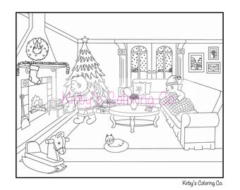 Cozy Monkey Moments: Living Room Lounging & Stocking Surprises Holiday Coloring Page | Printable Coloring | Holiday Activity | For All Ages