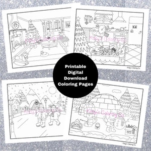 May include: Four black and white colouring pages featuring winter scenes. The first page shows a family of elves in their living room with a Christmas tree. The second page shows a family of elves in their kitchen preparing a meal. The third page shows two elves walking on a snowy path. The fourth page shows a family of elves building a snowman and making a fire.