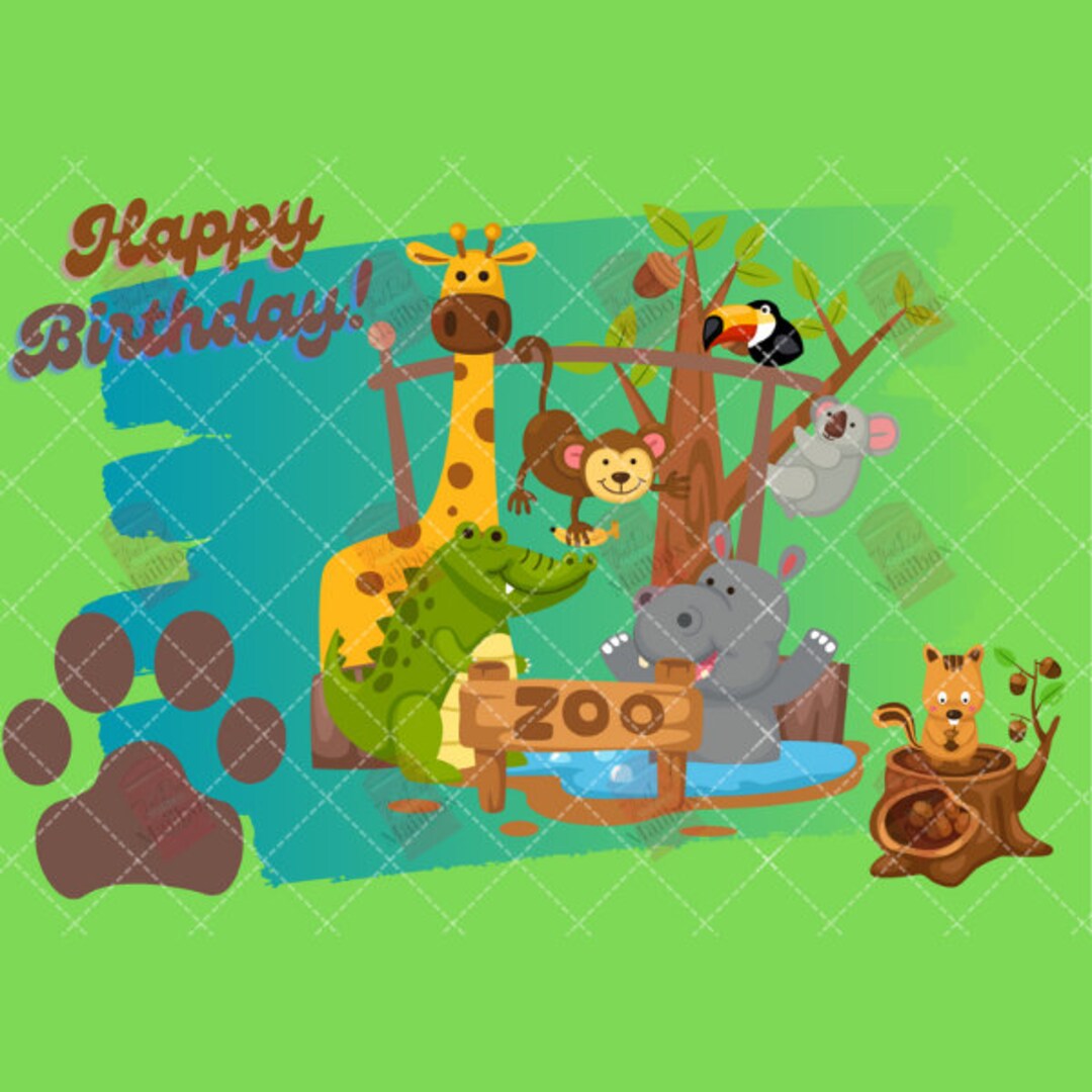 Happy Birthday Zoo PNG Birthday Card Animals Digital Download