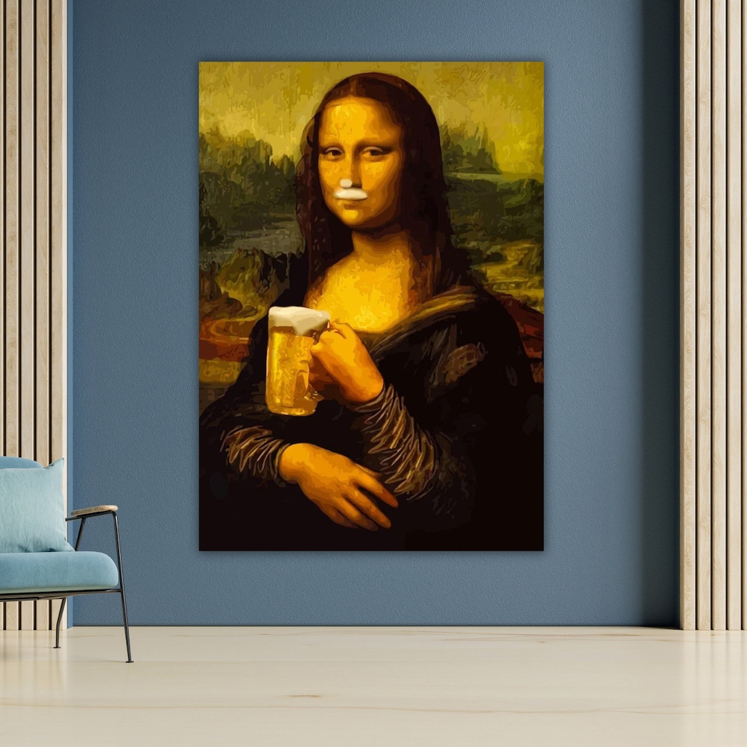 Mona Lisa Drinking Beer Canvas, Beer Lover Wall Art, Funny Bar Decor, Unique Gift for Beer