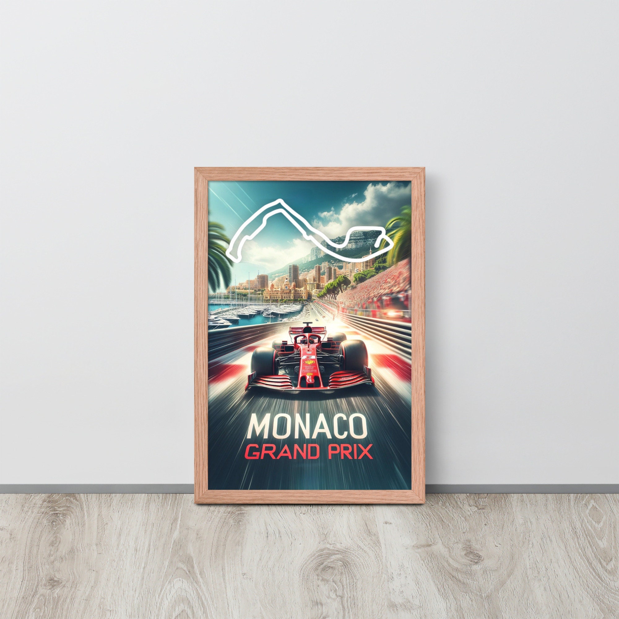 Monaco Grand Prix Poster showcasing Formula One cars racing through Monte Carlo streets