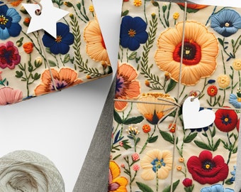 Colourful Floral Gift Wrapping Paper in Embroidery Design (not actual embroidery)