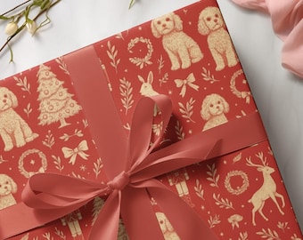 Cavapoo Christmas Gift Wrap, Red Vintage Puppy Pattern