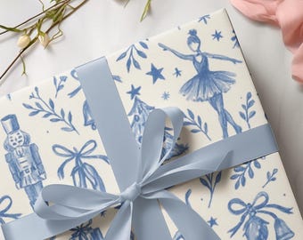 Nutcracker Christmas Wrapping Paper: Cobalt Blue Toile Pattern