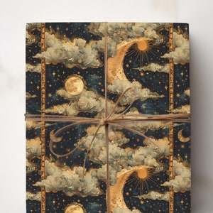 Carta da regalo celeste, carta da regalo in stile retrò vintage con luna e stelle, carta da regalo di compleanno con design galattico, tema cosmico, celeste