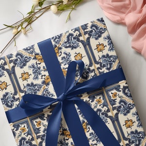 Gift Wrapping Paper in Vintage Mediterranean Floral Pattern Design, Present Wrap for Special Occasions, Mothers Day, Moorish Tile Aesthetic