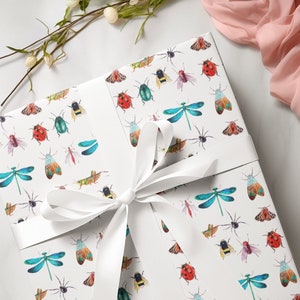Insekten Geschenkpapier mit Käfern - Libellen, Marienkäfer, Bienen, Schmetterlinge, Spinnen, Grillen - Geschenkverpackung für Naturliebhaber Cute Summer Art