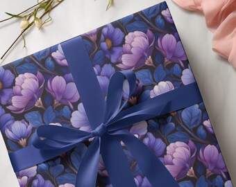 Elegant Floral Purple & Blue Gift Wrapping Paper for Women's Birthday or Special Occasion