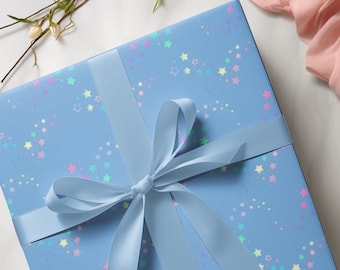 Pastel Blue Gift Wrapping Paper: Rainbow Stars, Baby Shower Present Wrap