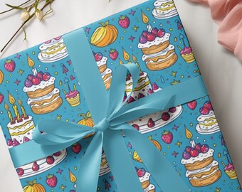 Blue Birthday Gift Wrapping Paper with Delicious Cakes for Kids and Adults, Adorable Birthday Present Wrapping Paper for Boys and Girls