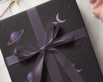 Purple Gift Wrap Paper With Moons & Saturn Plasnet