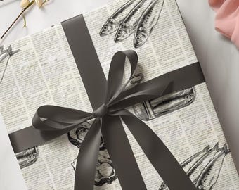Vintage Seafood Gift Wrap in Newspaper Design, Coastal Sardine Can & Oysters Wrapping Paper, Fishing Lover