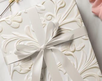 White Floral Gift Wrapping Paper, Luxury Wedding Wrap, Elegant Off-White Bridal Shower Present Wrap