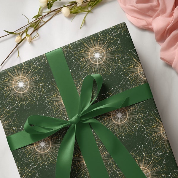 Dark Green Gift Wrapping Paper, Celestial Gift Wrap in Deep Green Colour