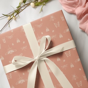 Carta da regalo con insetti, con motivo a libellula, farfalla, coleottero, ape regina e coccinella, rotolo di carta da regalo estetica, color pesca sfumato