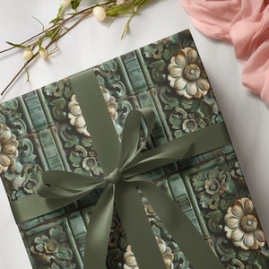 Gift Wrapping Paper - Green Vintage Tile Design - Floral Motif Present Wrap - Gift Wrap for Her, Mothers Day, Birthday & Special Ocasions