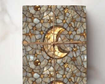 Celestial Moon & Stars Wrapping Paper | Stained Glass Motif Gift Wrap