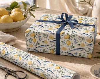 Mediterranean Sardines & Lemons Gift Wrapping Paper, Coastal Portuguese Style Wrap, Italian Summer Gift Wrap, Blue Fish and Citrus Pattern