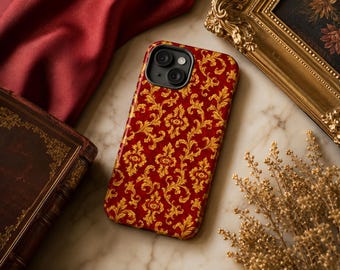 Baroque iPhone Case, Red Gold Damask Phone Case, Victorian Gothic Cover, Rococo Luxury Aesthetic, Royal Palace Style