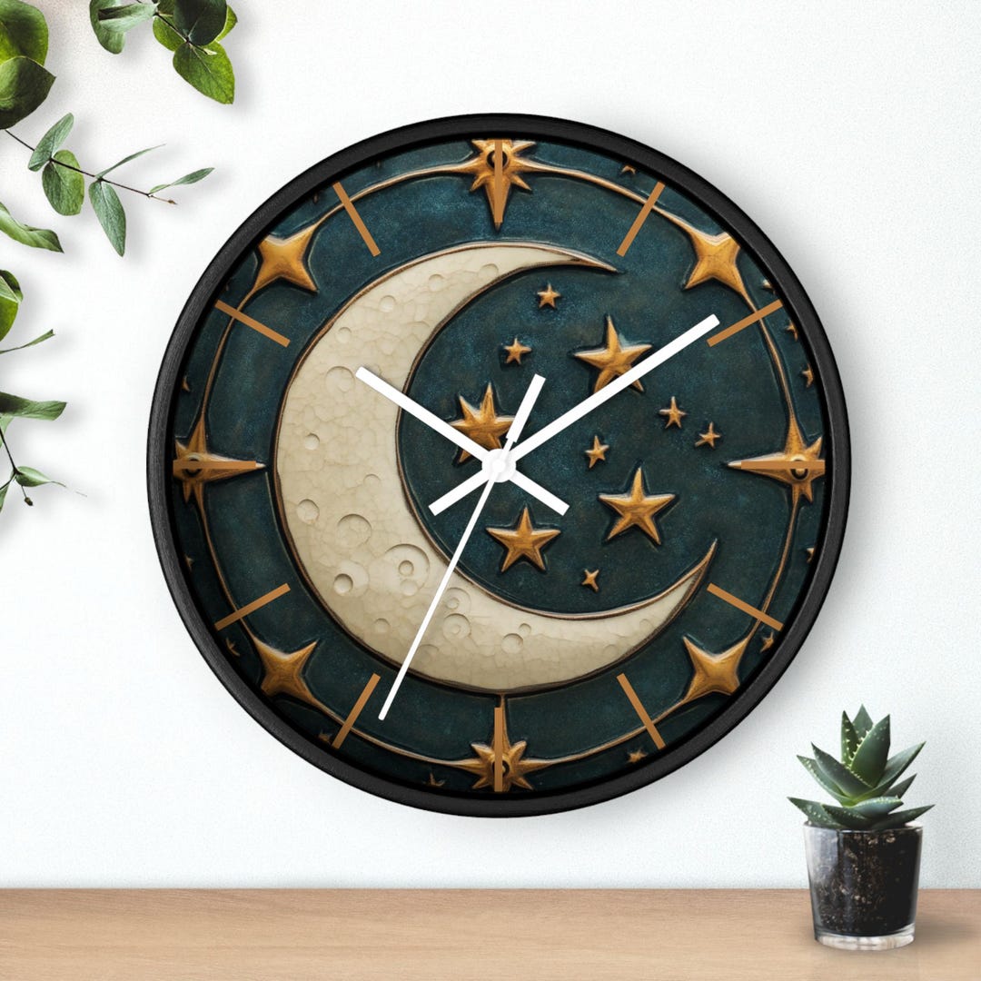 Wall Clock With Moon and Stars - Green Celestial Art - Etsy