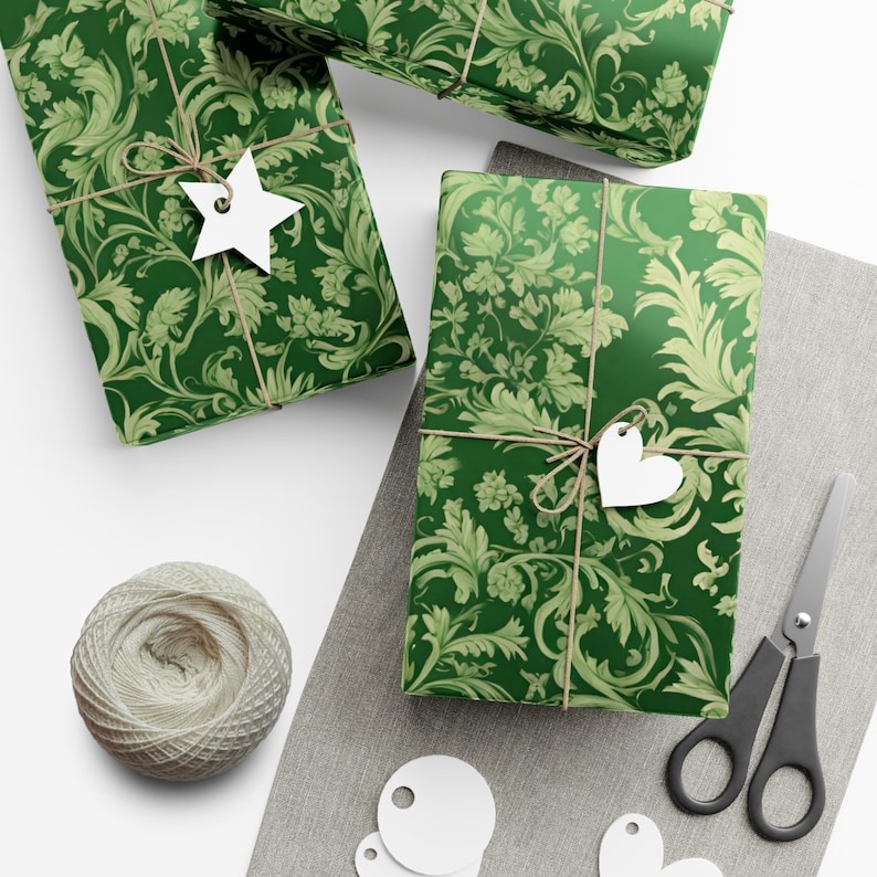 Antique Green Damask Gift Wrapping Paper | Old World Luxury Gift Wrap, Victorian Inspired Dark Academia Present Decoration image 7