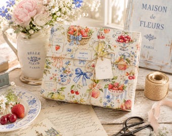 French Market Gift Wrapping Paper, Strawberry Cherry Lemon Peach Wrapping Paper, Coquette Cottagecore Gift Wrap, Blue Bow Paper