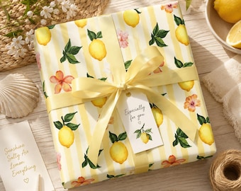 Coastal Lemon Gift Wrapping Paper, Mediterranean Summer Present Wrap, Citrus Floral