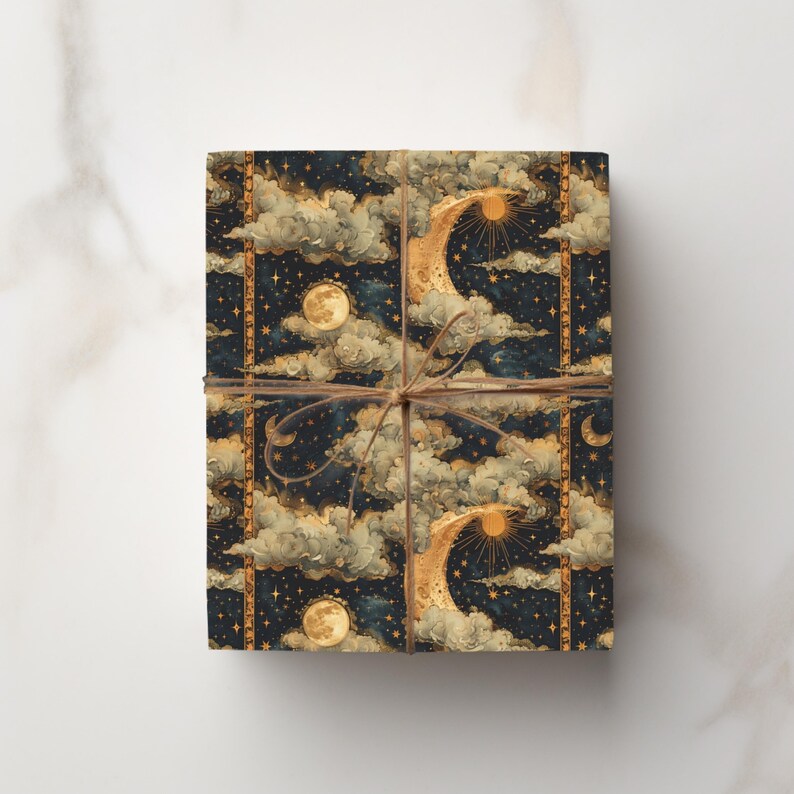 Vintage Celestial Gift Wrapping Paper, Retro Style Gift Wrap with Moon and Stars, Birthday Gift Wrap in Galaxy Design