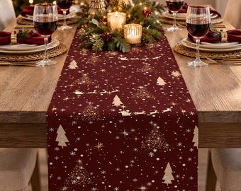 Burgundy Christmas Table Runner, Winter Trees, Snow, Stars, Gold Details (Polyester or Cotton)