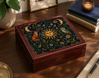 Whimsical Celestial Botanical Jewelry Box, Wooden Vanity Organizer, Sun Moon Fox Owl Keepsake Box, Cottagecore Decor, Nature Lover Gift