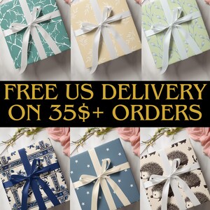 May include: Six different gift wrap designs featuring various patterns and colors. The designs include a blue and white tile pattern, a green and white crackled pattern, a yellow and white floral pattern, a light green and white floral pattern, a blue and white star pattern, and a white and black hedgehog pattern. The text "FREE US DELIVERY ON 35$+ ORDERS" is displayed in the center of the image.
