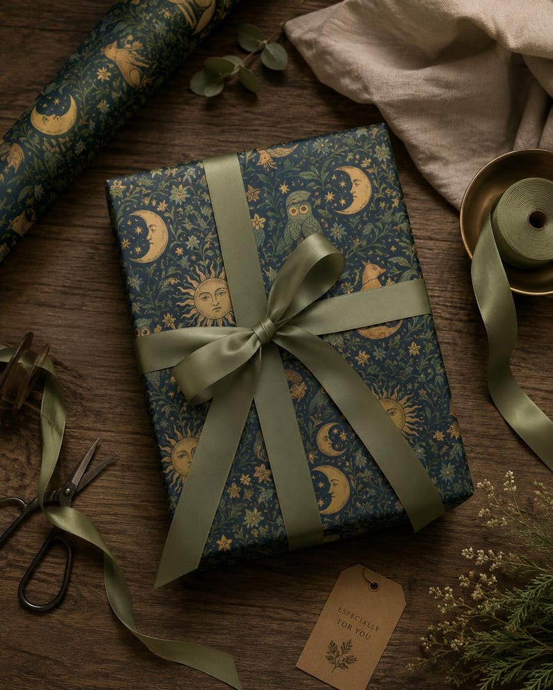 Whimsical Celestial Botanical Gift Wrapping Paper, Vintage Owl Fox Moon Sun Gift Wrap, Dark Cottagecore Wrapping Paper, Nature Inspired Gift Wrap