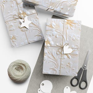 Papier cadeau floral blanc, emballage cadeau de mariage élégant vintage image 4