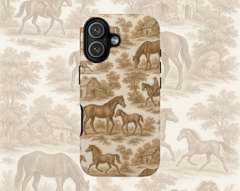Horse Toile Phone Case, Vintage Equestrian iPhone Case, Brown Beige Horse Case, English Country Aesthetic, Western Cottagecore