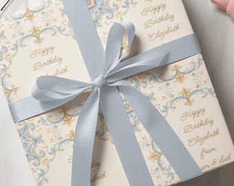 Personalized Baroque Wrapping Paper, Custom Name Gift Wrap, Pastel Blue & Gold Luxury Birthday Paper, Elegant Wedding Gift Wrap