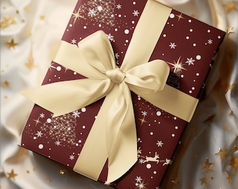 Burgundy Red Christmas Gift Wrapping Paper – Reindeer & X-mass Tree Pattern