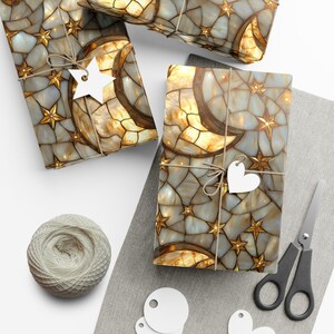 Celestial Moon & Stars Wrapping Paper | Stained Glass Motif Gift Wrap image 9