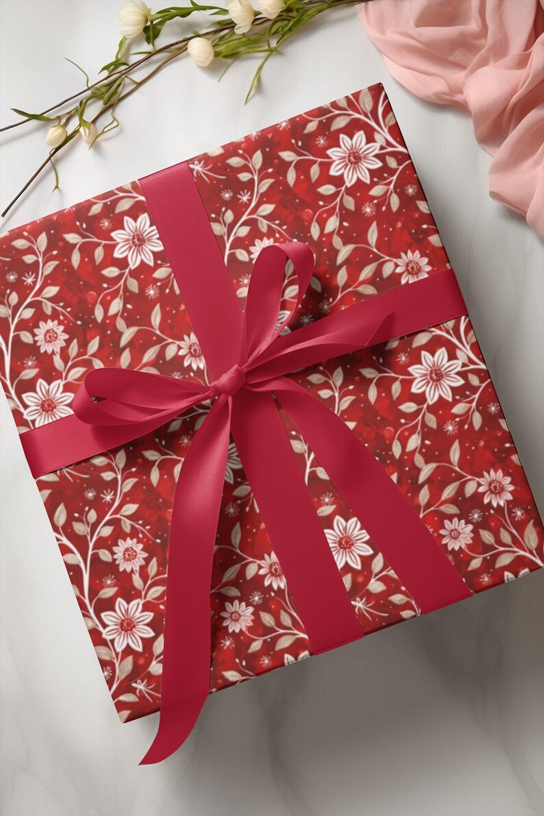 Elegant Floral Gift Wrapping Paper, Red Holiday Packaging, Stylish — free download