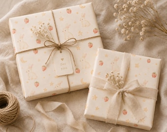 Whimsical Bunny Strawberry Gift Wrapping Paper, Cottagecore Celestial Rabbit Present Wrap