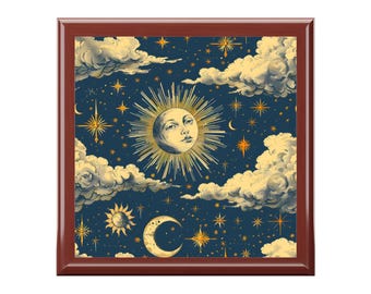 Vintage Celestial Jewellery Box: Moon, Stars, Clouds - Rubberwood Trinket Box