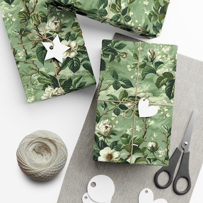 Sage Green Floral Wrapping Paper, Vintage Botanical Gift Wrap, Elegant Cottagecore Garden Party Decor image 6