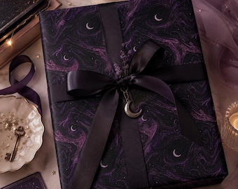 Cosmic Gift Wrapping Paper With Moons & Stars in Galactic Witchy Purple - Whimsigoth Present Wrap