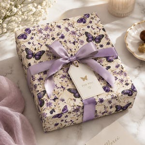 Purple Butterfly Gift Wrapping Paper Romantic Floral Gift Wrap, Vintage Butterfly Wrapping Paper, Feminine Cottagecore Packaging