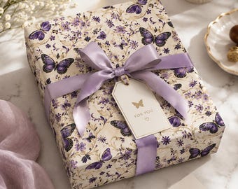 Purple Butterfly Gift Wrapping Paper Romantic Floral Gift Wrap, Vintage Butterfly Wrapping Paper, Feminine Cottagecore Packaging