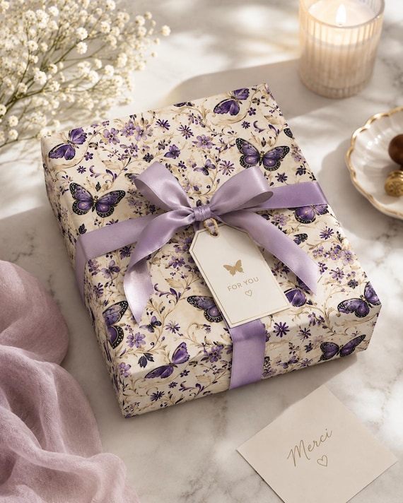 Purple Butterfly Gift Wrapping Paper Romantic Floral Gift Wrap, Vintage Butterfly Wrapping Paper, Feminine Cottagecore Packaging