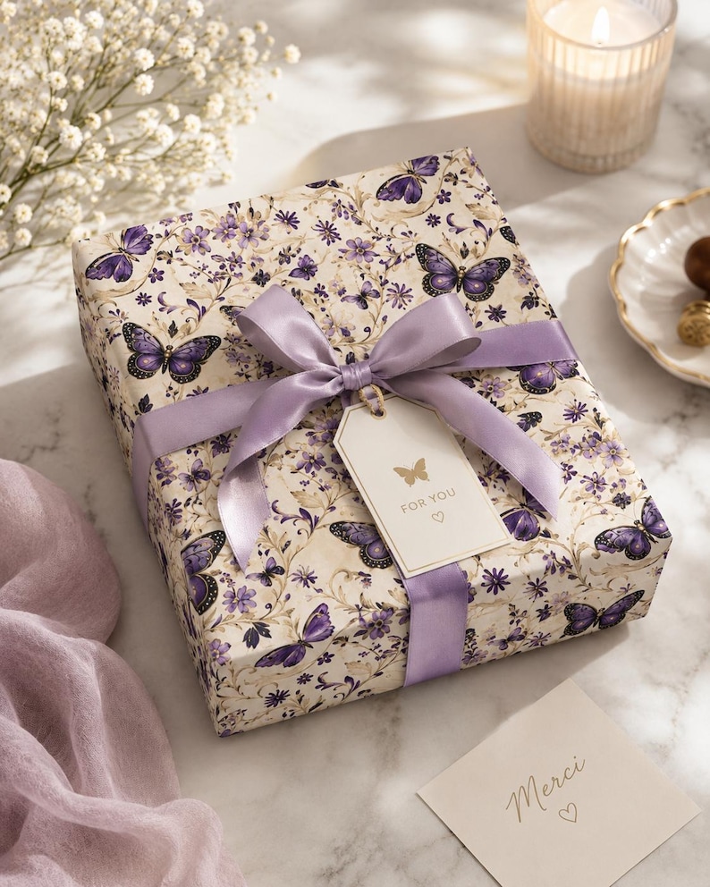 Purple Butterfly Gift Wrapping Paper Romantic Floral Gift Wrap, Vintage Butterfly Wrapping Paper, Feminine Cottagecore Packaging