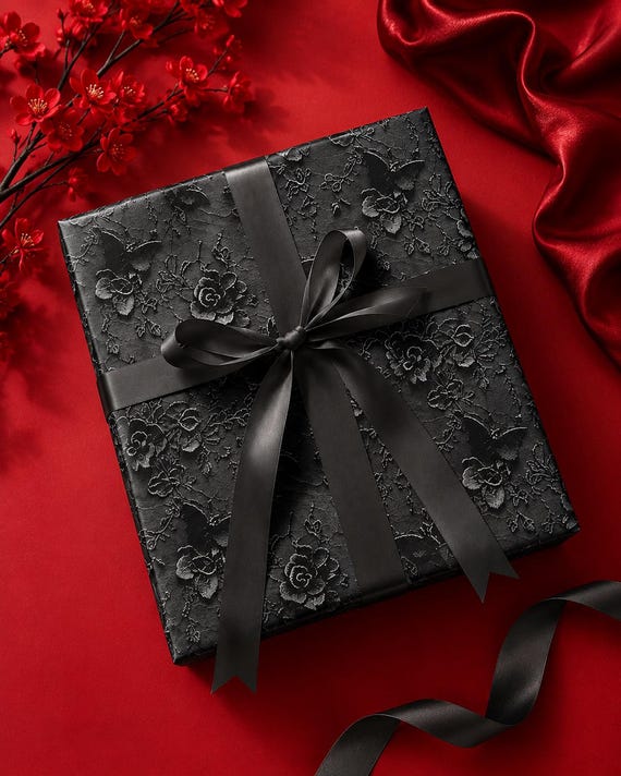Black Floral Whimsigoth Gift Wrapping Paper, Gothic Luxury Gift Wrap, Elegant Dark Romantic Present Wrap
